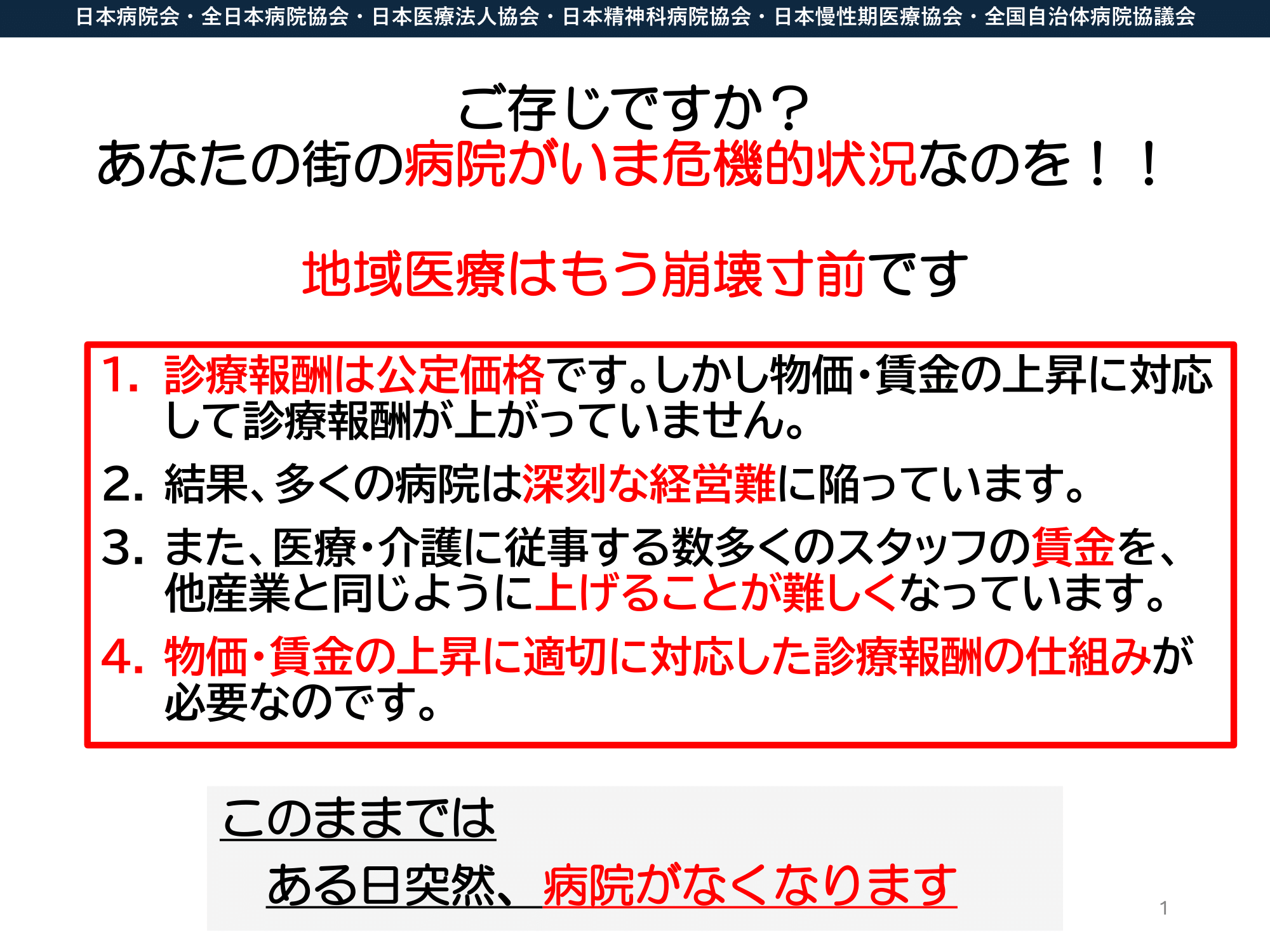 病院5団体合同緊急要望「ご存知ですか？あなたの街の病院がいま危機的状況なのを!!」（2025.03.10）